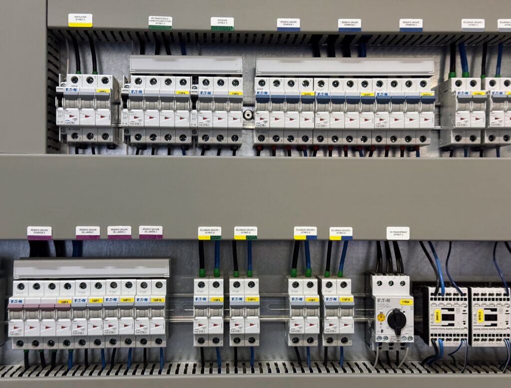 Ensemble de protections et d'appareillages électriques installés sur rails dans une armoire industrielle.