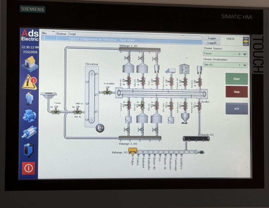 Supervision d'un process industriel sur interface opérateur Siemens pour installation de convoyage et manutention.