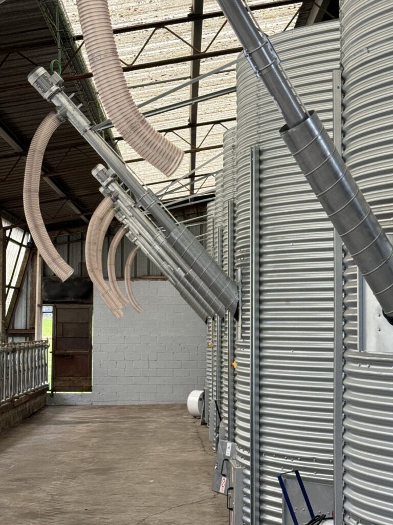 Silos de stockage de céréales intégrés à une installation de convoyage et de manutention agricole.