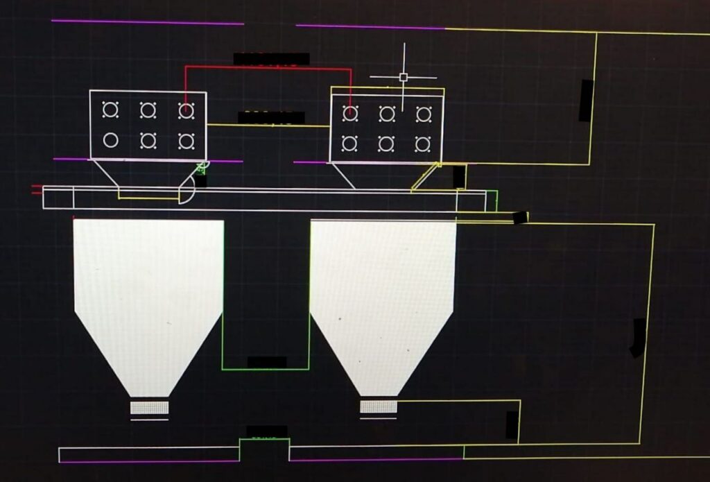 Plan technique de conception d'un ensemble de deux trémies et de leurs équipements de transfert de produits en vrac.